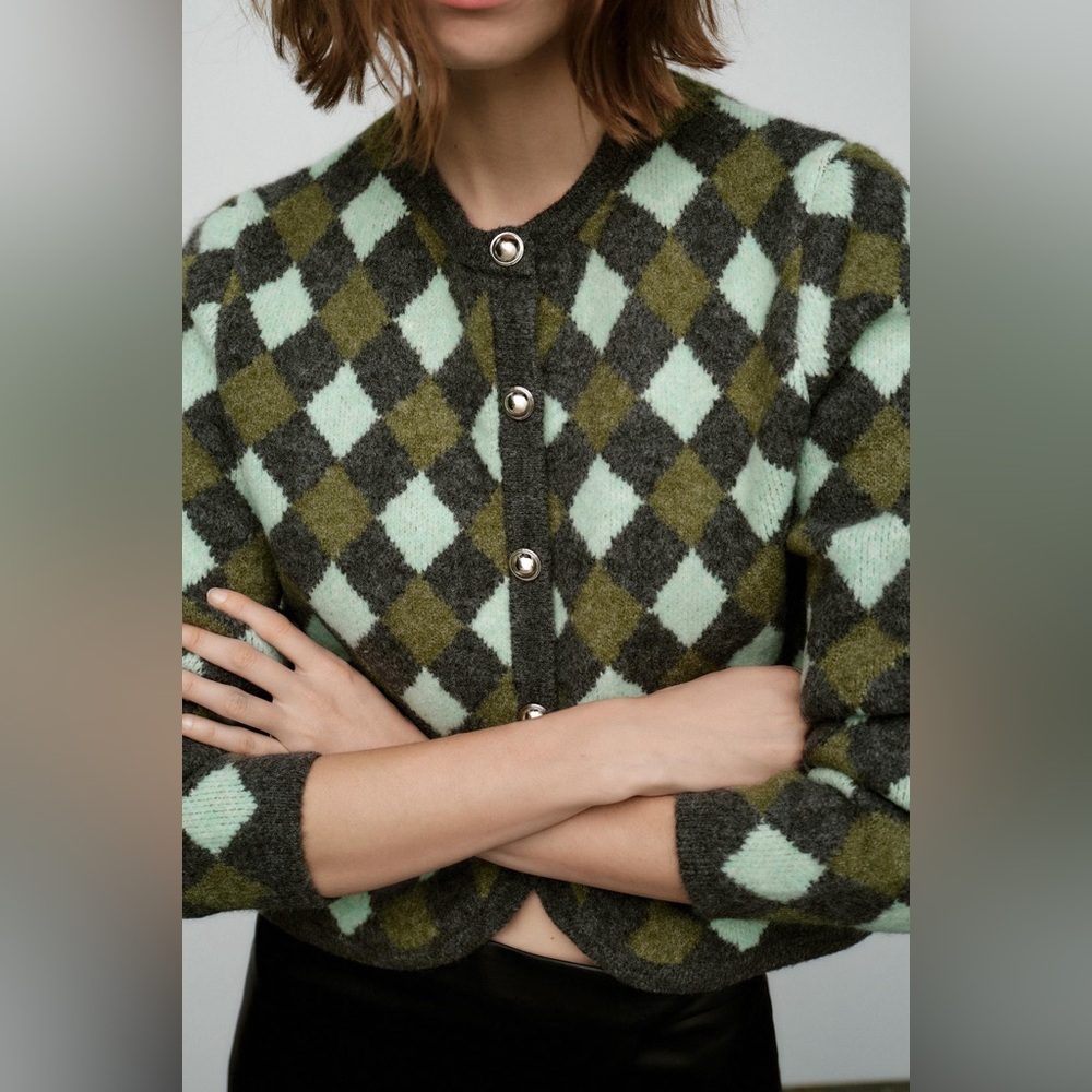Zara Argyle Knit Jacquard Cardigan S - Picture 2 of 12